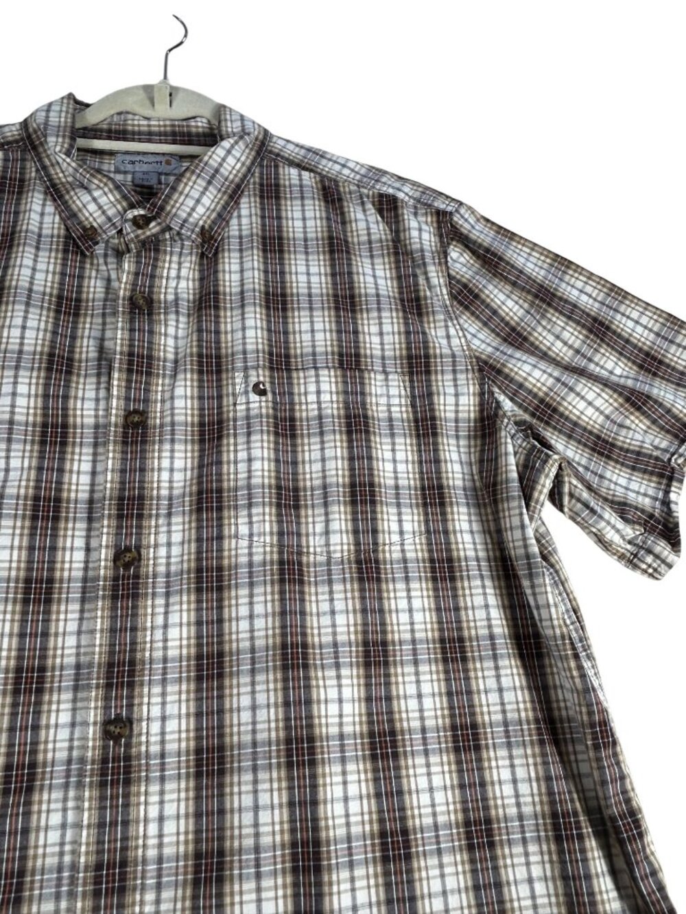 Carhartt Brown Plaid Short Sleeve Button-Down Shirt 2Men's XL Relaxed Fit Cotton